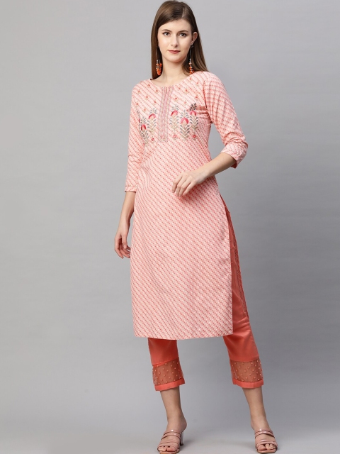 

FASHOR Women Peach-Coloured Yoke Design Printed Embroidered Screen Print Kurta