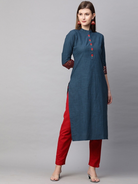 

FASHOR Women Navy Blue Thread Work Kurta