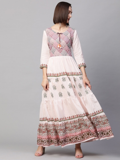 

FASHOR Pink & Beige Ethnic Motifs Tie-Up Neck Chiffon Maxi Dress