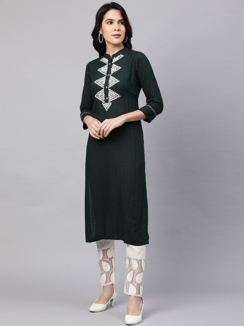 

FASHOR Women Green Yoke Design Thread Work Straight Kurta