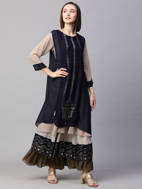 

FASHOR Navy Blue Layered Sequinned Embellished Georgette Maxi Dress