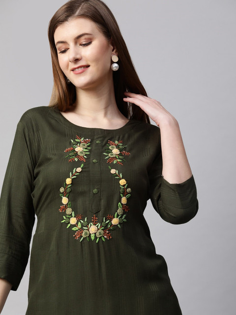 

FASHOR Women Olive Green Paisley Embroidered Kurta