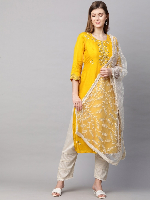 

FASHOR Women Mustard Yellow Floral Embroidered Kurta