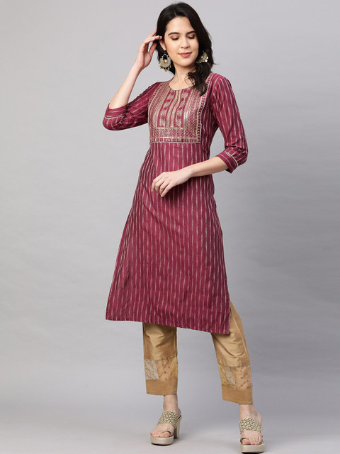 

FASHOR Women Pink Yoke Design Embellished & Embroidered Kurta