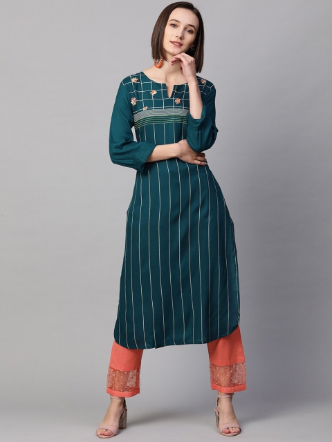 

FASHOR Women Teal Striped Boat Neck Thread Work Kurta