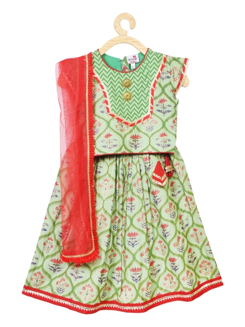 

Kinder Kids Girls Green Printed Ready to Wear Lehenga & Blouse With Dupatta
