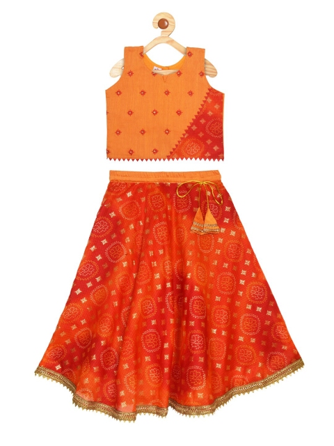 

Kinder Kids Girls Orange & Red Embroidered Semi-Stitched Lehenga & Ready to Wear