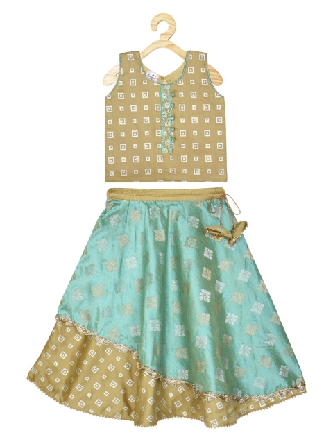 

Kinder Kids Girls Green Woven Design Ready to Wear Lehenga & Blouse