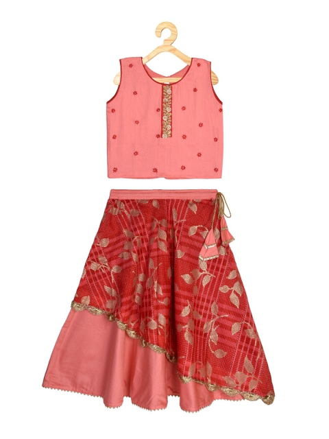 

Kinder Kids Girls Pink & Red Embroidered Sequinned Semi-Stitched Lehenga & Ready to Wear