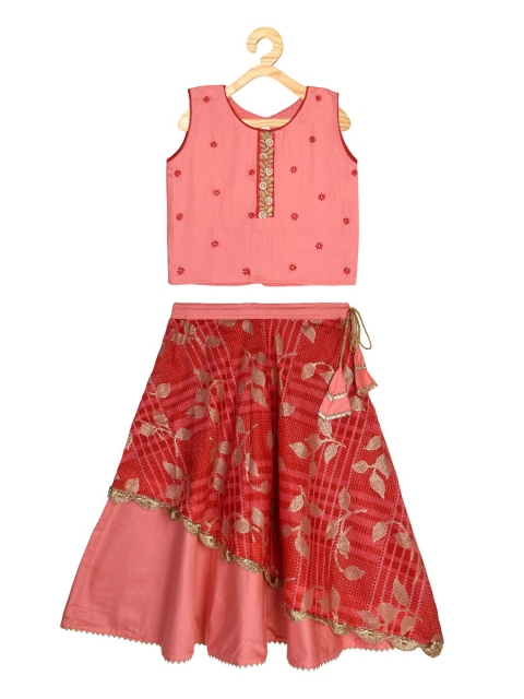 

Kinder Kids Girls Pink & Red Printed Semi-Stitched Lehenga & Ready to Wear