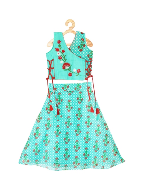 

Kinder Kids Girls Green & Red Embroidered Semi-Stitched Lehenga & Ready to Wear