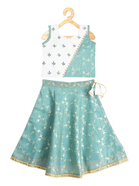 

Kinder Kids Girls Green & White Embroidered Thread Work Semi-Stitched Lehenga & Ready to Wear