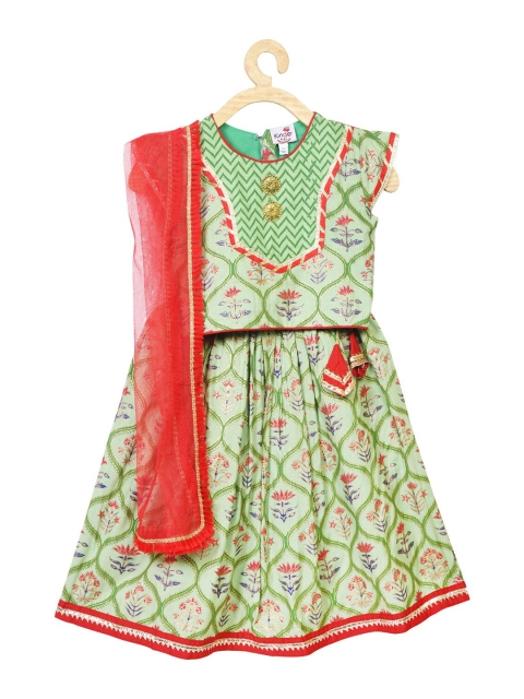 

Kinder Kids Girls Green & Red Printed Semi-Stitched Lehenga Choli & Dupatta
