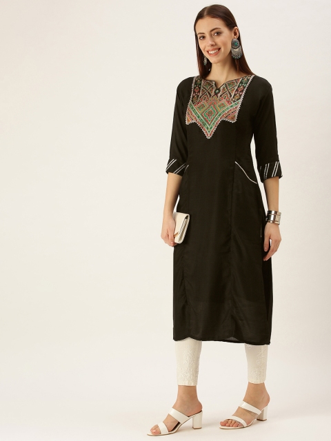 

cbazaar Women Black Ethnic Motifs Yoke Design Gotta Patti Kurta