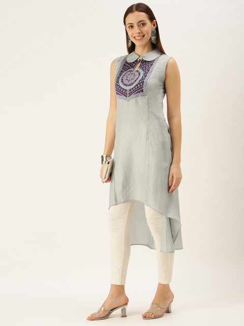 

cbazaar Women Grey Ethnic Motifs Embroidered Keyhole Neck Kurta