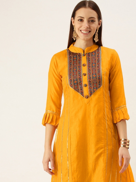 

cbazaar Women Mustard Yellow Yoke Design Bell Sleeves Gotta Patti Kurta