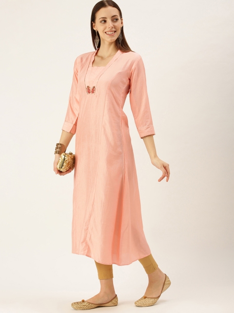 

cbazaar Women Peach-Coloured & Golden Solid Kurta With Gotta Patti Detail