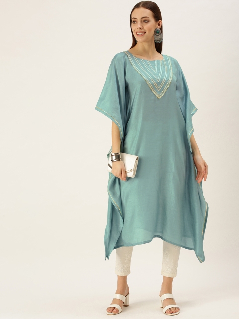 

cbazaar Women Blue & Golden Gotta Patti Yoke Design Flared Sleeves Kaftan Kurta