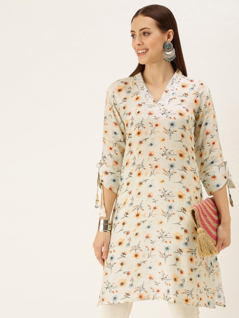 

cbazaar Women Off White & Brown Floral Printed Floral Kurta With Gotta Patti Detail