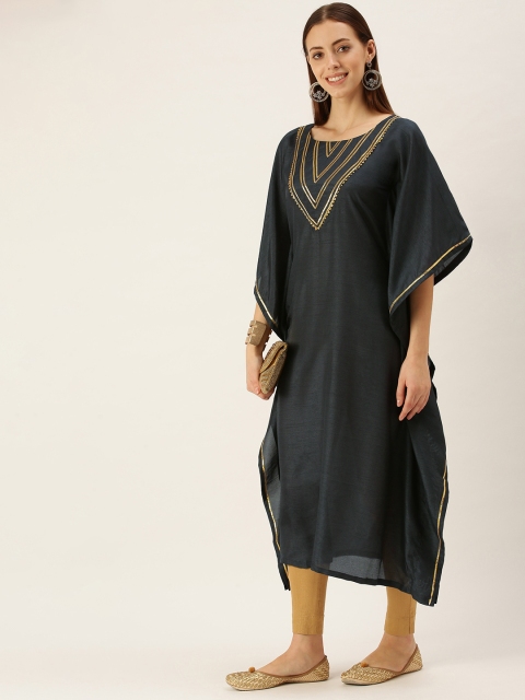 

cbazaar Women Black & Golden Gotta Patti Yoke Design Flared Sleeves Kaftan Kurta