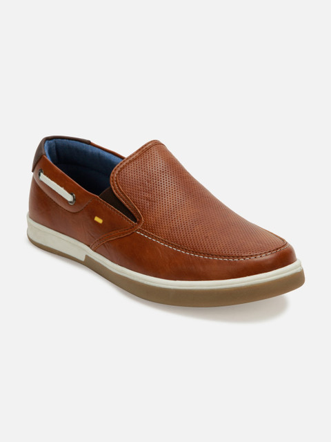 

ID Men Tan Textured Leather Slip-On Sneakers
