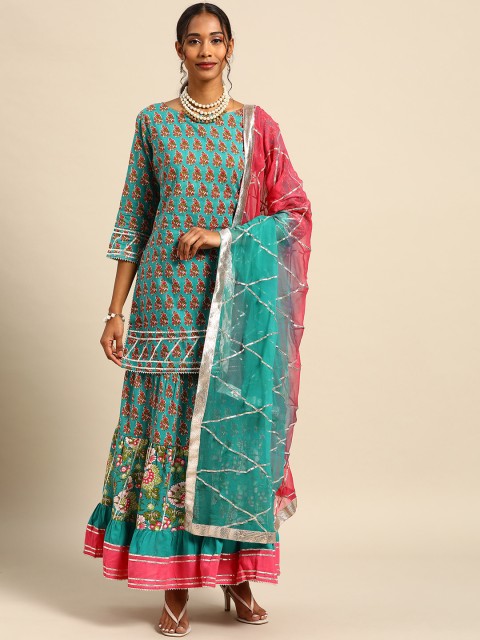 

Prakhya Women Blue Printed Pure Cotton Kurta with Sharara & With Dupatta