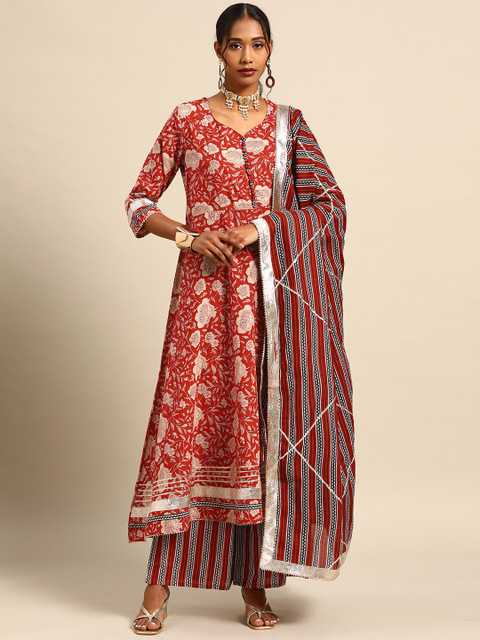 

Prakhya Women Red Printed Pure Cotton Kurta with Palazzos & With Dupatta
