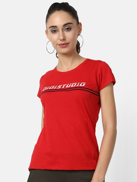 

V2 Value & Variety Women Red & White Typography Printed Cotton T-shirt