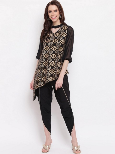 

RIVI Women Black & Gold-Toned Foil Printed Kurta with Dhoti Pants