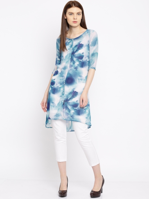 

Jealous 21 White & Blue Printed High-Low Hem Tunic