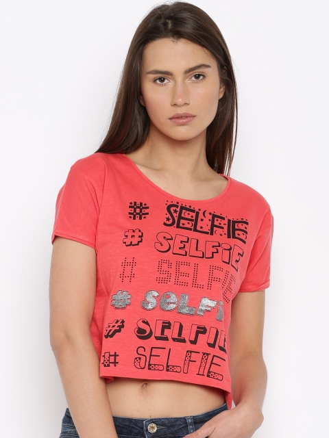 

Jealous 21 Women Coral Pink Printed Crop Top