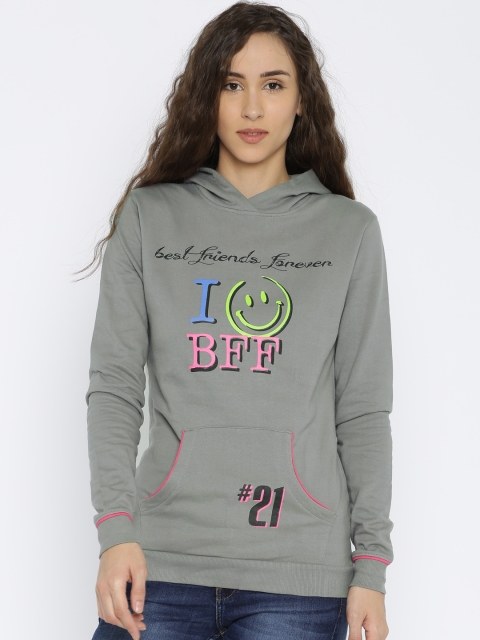 

Jealous 21 Grey Melange Printed Hooded Sweatshirt