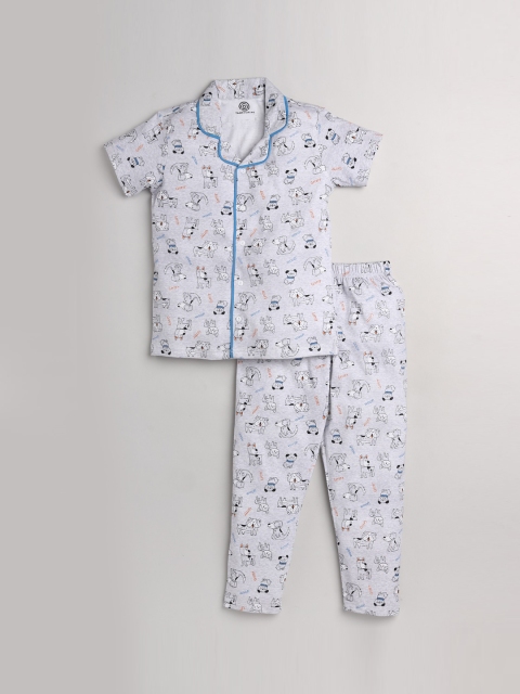 

TAMBOURINE Boys Grey Melange & White Printed Night suit