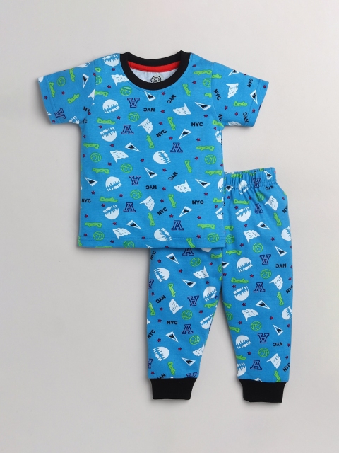 

TAMBOURINE Boys Blue & White Printed Pure Cotton Night suit