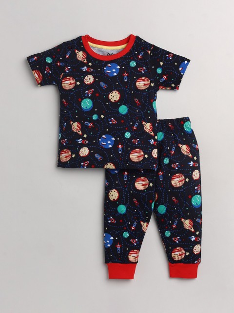 

TAMBOURINE Boys Navy Blue & Red Printed Night Suit