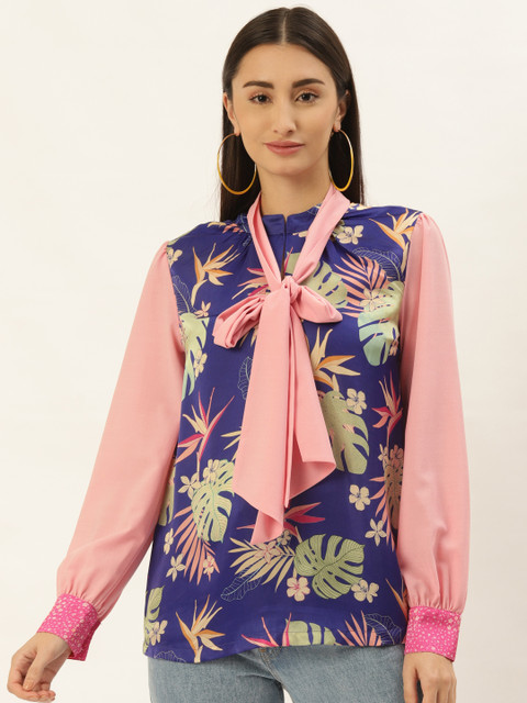 

radka Blue & Pink Floral Print Tie-Up Neck Pussycat Bow Tie Satin Top