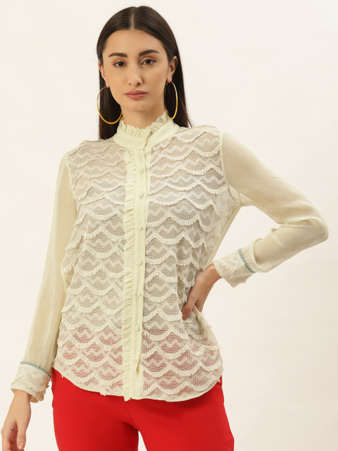 

radka Off White Mandarin Collar Sheer Lace Ruffle Shirt Style Top