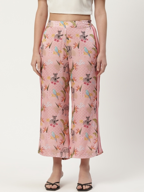 

radka Women Pink Floral Printed Relaxed Straight Fit High-Rise Easy Wash Trousers