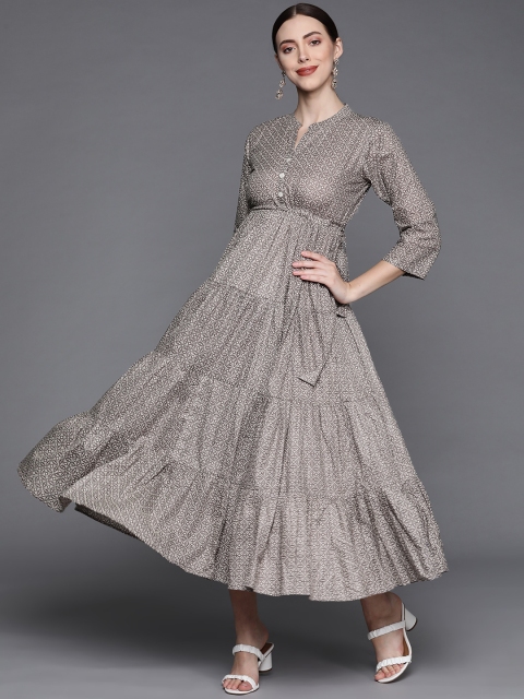 

PINKSKY Brown & Off White A-Line Tiered Midi Dress