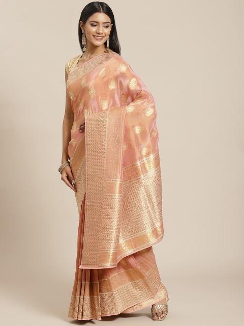 

Meena Bazaar Pink & Gold-Toned Ethnic Motifs Zari Tissue Banarasi Saree