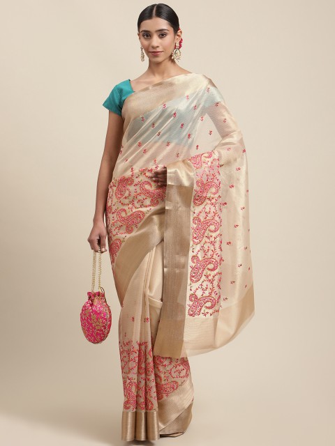 

Meena Bazaar Beige & Pink Ethnic Motifs Tissue Saree