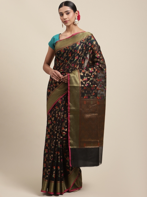 

Meena Bazaar Black & Gold-Coloured Ethnic Motifs Zari Pure Cotton Banarasi Saree