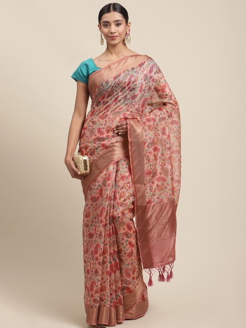 

Meena Bazaar Pink Ethnic Motifs Linen Blend Chanderi Saree