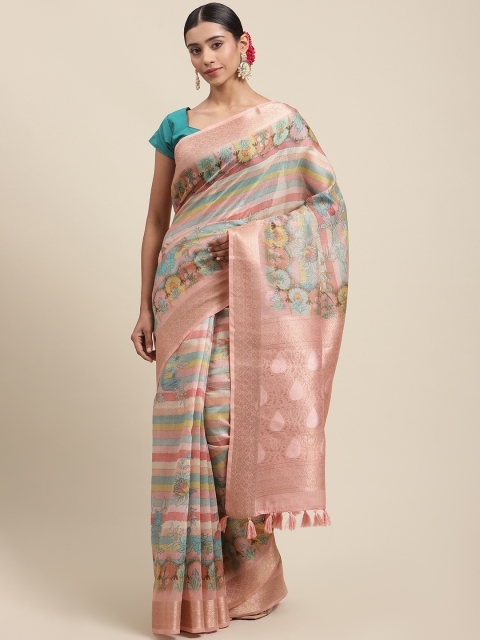 

Meena Bazaar Peach-Coloured & Turquoise Blue Ethnic Motifs Cotton Blend Chanderi Saree