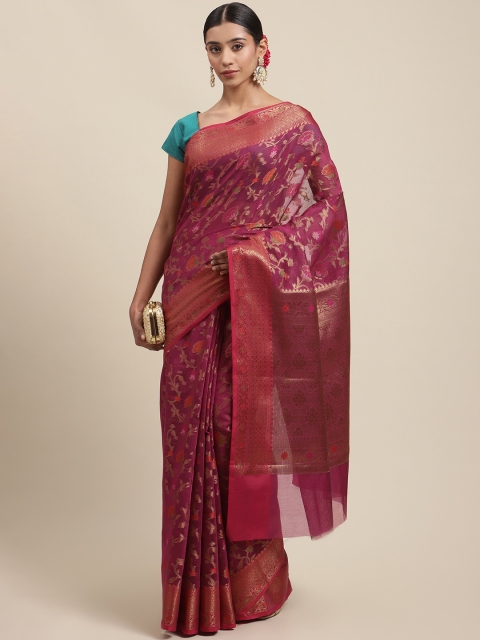 

Meena Bazaar Fuchsia Pink & Gold-Coloured Ethnic Motifs Zari Pure Cotton Banarasi Saree