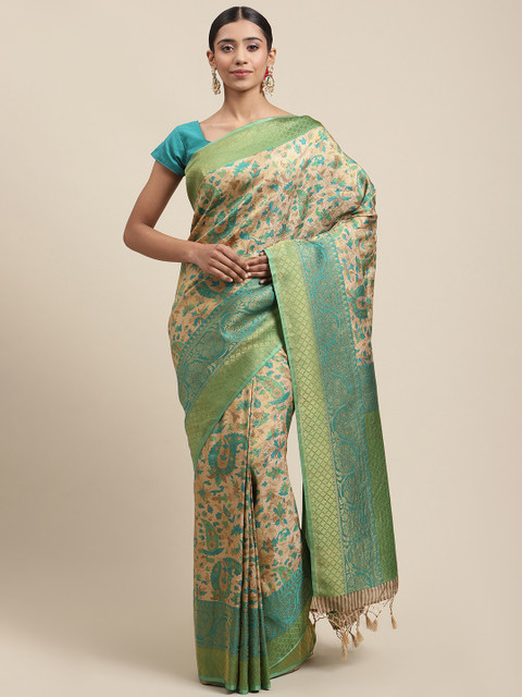 

Meena Bazaar Green & Peach-Coloured Ethnic Motifs Silk Blend Banarasi Saree