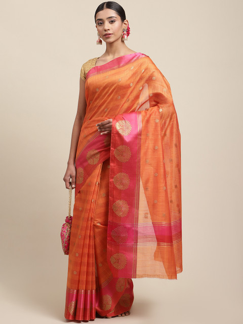 

Meena Bazaar Mustard Yellow & Gold-Coloured Woven Design Zari Pure Cotton Banarasi Saree