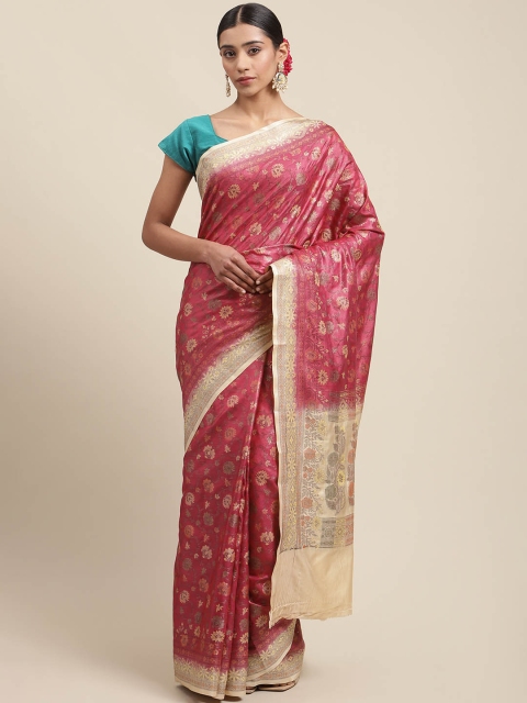

Meena Bazaar Magenta & Gold-Coloured Ethnic Motifs Silk Blend Tussar Saree