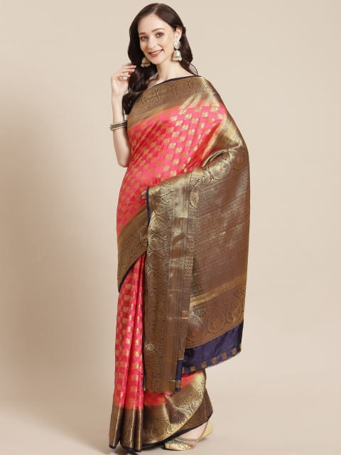 

Meena Bazaar Fuchsia & Gold-Toned Ethnic Motifs Woven Design Zari Border Saree