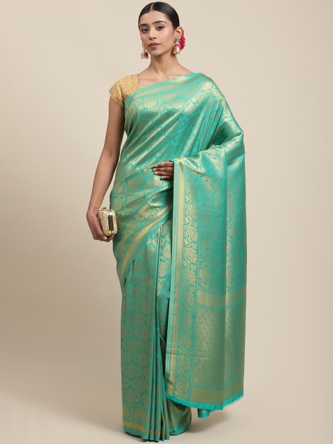 

Meena Bazaar Sea Green & Gold-Coloured Ethnic Motifs Zari Silk Blend Saree